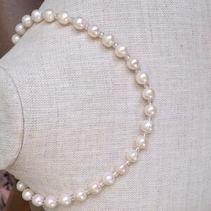 New Genuine Pearl Choker Necklace, White 9 Mm Freshwater Pearls, Sterling Clasp